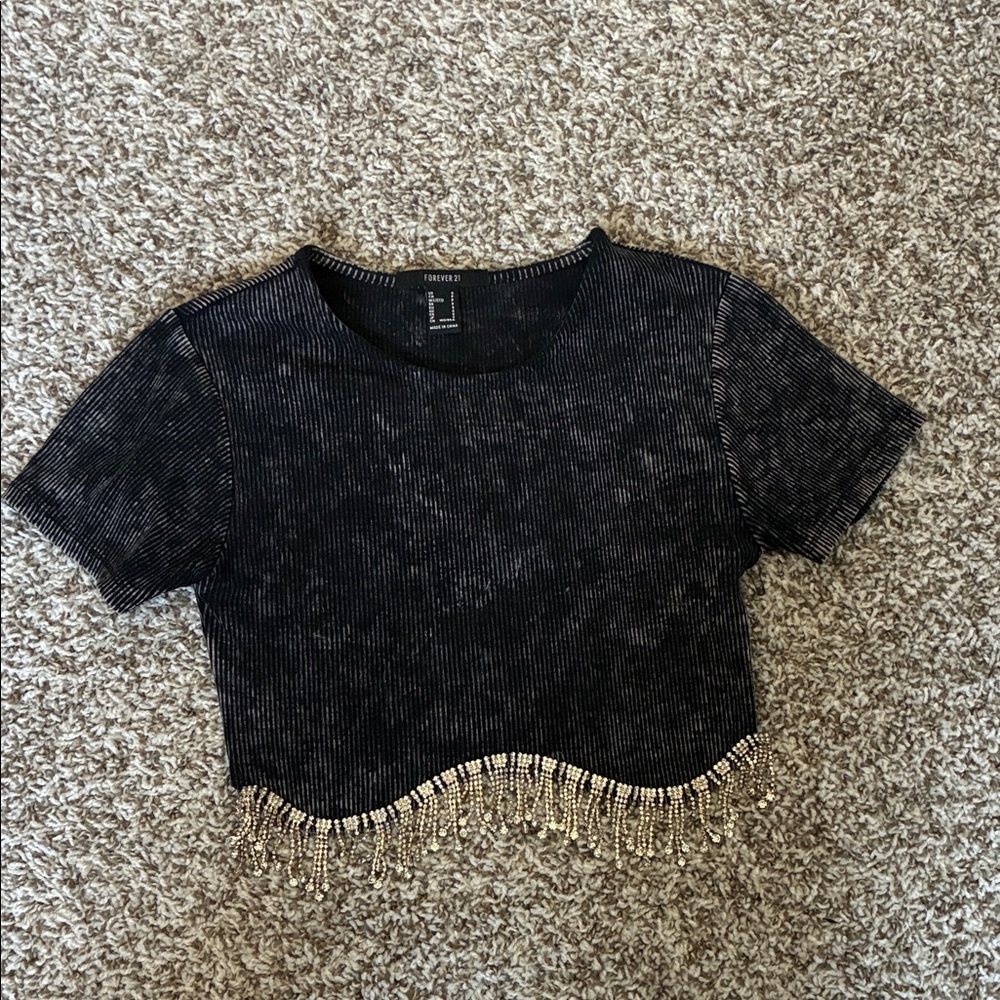Forever 21 Black Embellished Crop T-Shirt